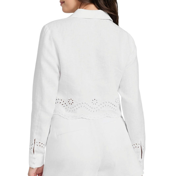 Guess Leyna Embroidered Eyelet Crop Linen Shirt White Scallop Hem Button Medium - Picture 2 of 10